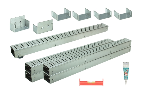 Edelstahlentwässerungsrinnen Bauhöhe 60 bis 80mm, Rost Quadratlochung SET Typ 5